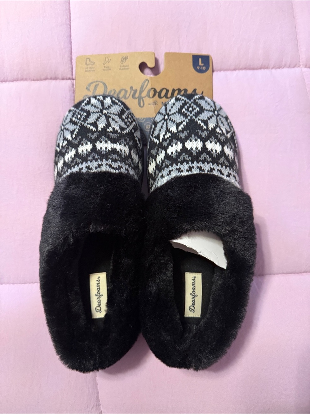 dearfoams Black & White Fair Isle Slip-On Clog Slippers